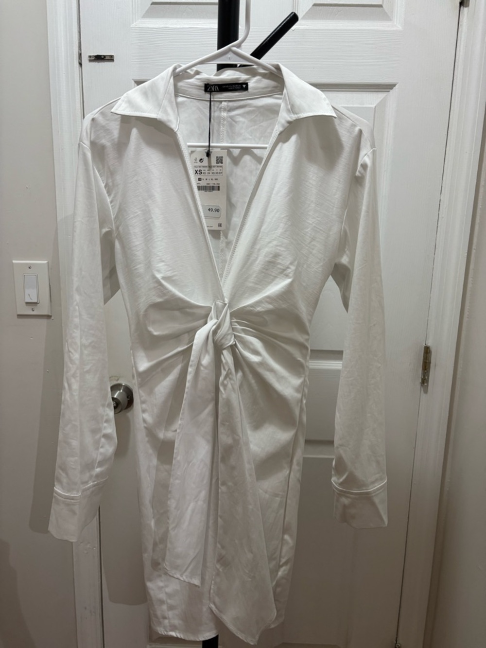 Zara White Tie-Front Long Sleeve Shirt Dress